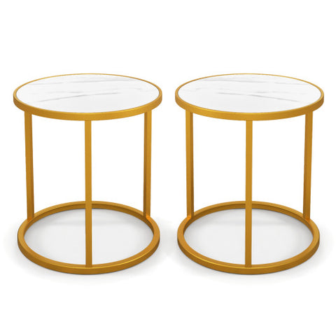 Marble Top Round Side Table 16-Inch End Table with Golden Metal Frame-2 Pieces