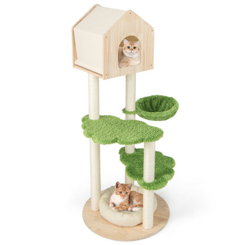 55 Inch Tall Cat Climbing Stand with Sisal Scratching Posts and Soft Cat Bed for Indoor Kittens-Green