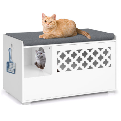 Cat Litter Box Enclosure with Removable Cushion and Front Open Door-White