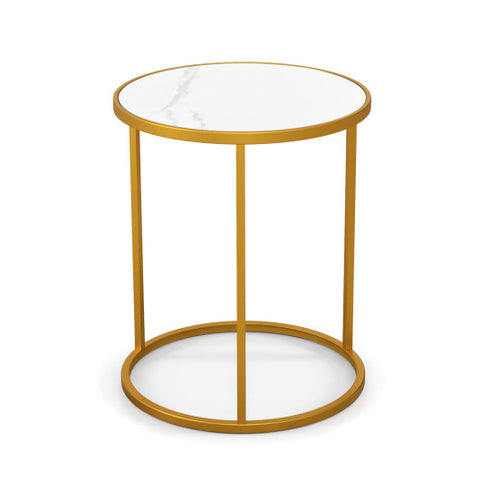 16 Inch Marble Top Round Side Table with Golden Metal Frame for Living Room Bedroom-1 Piece