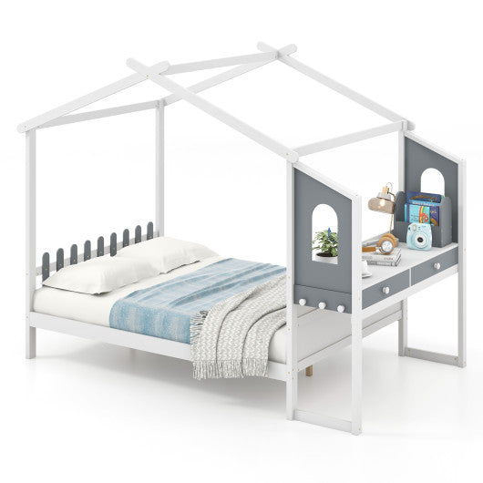 Twin/Full Bed Frame with House Roof Canopy and Fence for Kids-Full Size