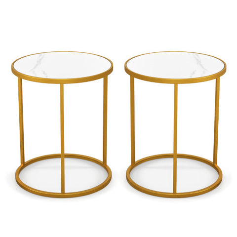 16 Inch Marble Top Round Side Table with Golden Metal Frame for Living Room Bedroom-Set of 2