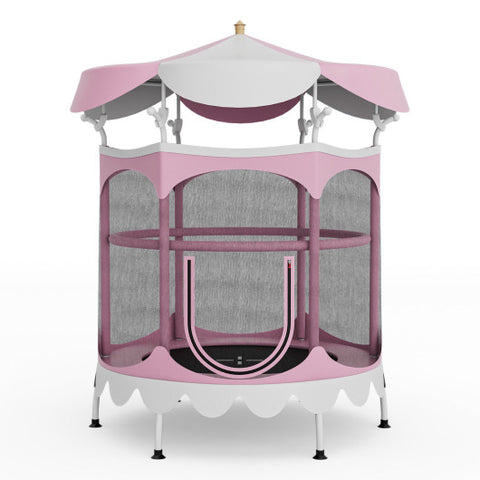 64" Kids Trampoline with Detachable Canopy and Safety Enclosure Net-Pink