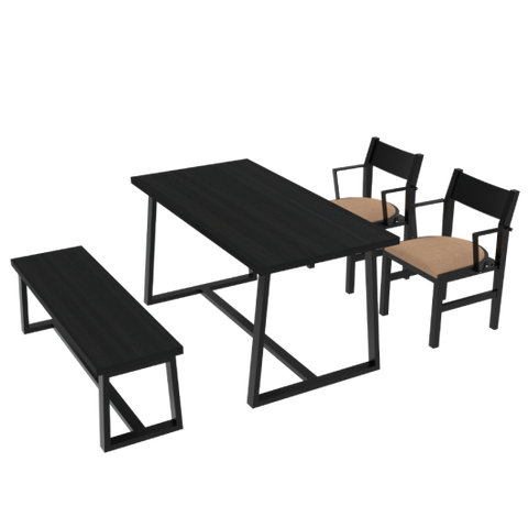 4-Person Dining Table Set with Chairs and Bench-Regular Design-Black-Brown