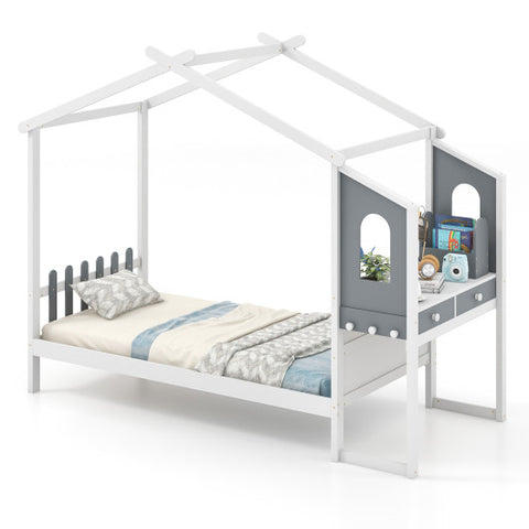 Twin/Full Bed Frame with House Roof Canopy and Fence for Kids-Twin Size