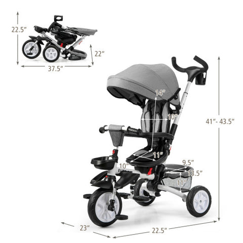 6-in-1 Detachable Kids Baby Stroller Tricycle with Canopy and Safety Harness-Gray