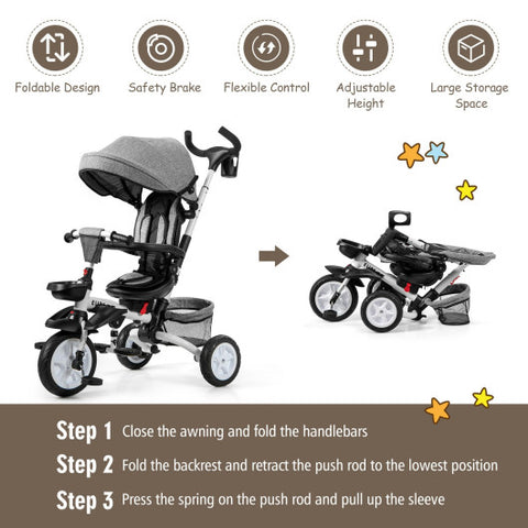 6-in-1 Detachable Kids Baby Stroller Tricycle with Canopy and Safety Harness-Gray