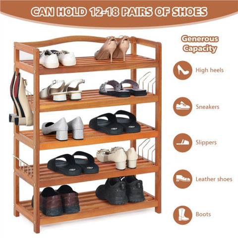 5-Tier Acacia Wood Shoe Rack with Side Metal Hooks