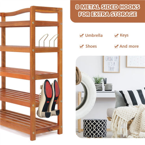 5-Tier Acacia Wood Shoe Rack with Side Metal Hooks