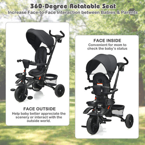 6-in-1 Detachable Kids Baby Stroller Tricycle with Canopy and Safety Harness-Black