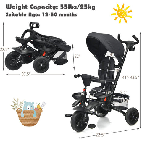 6-in-1 Detachable Kids Baby Stroller Tricycle with Canopy and Safety Harness-Black