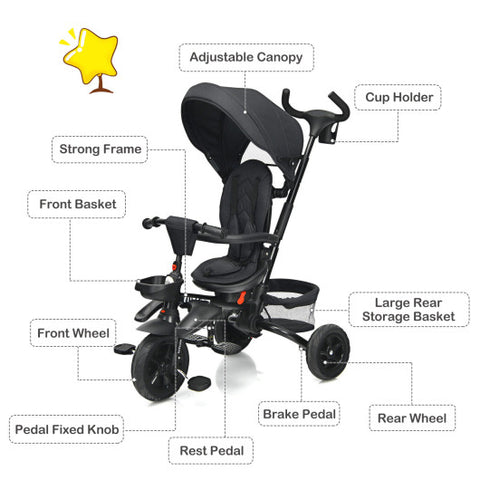 6-in-1 Detachable Kids Baby Stroller Tricycle with Canopy and Safety Harness-Black