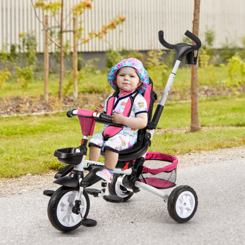 6-in-1 Detachable Kids Baby Stroller Tricycle with Canopy and Safety Harness-Pink