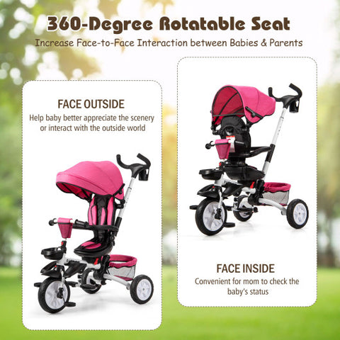 6-in-1 Detachable Kids Baby Stroller Tricycle with Canopy and Safety Harness-Pink