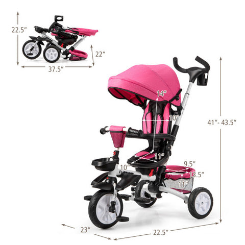 6-in-1 Detachable Kids Baby Stroller Tricycle with Canopy and Safety Harness-Pink