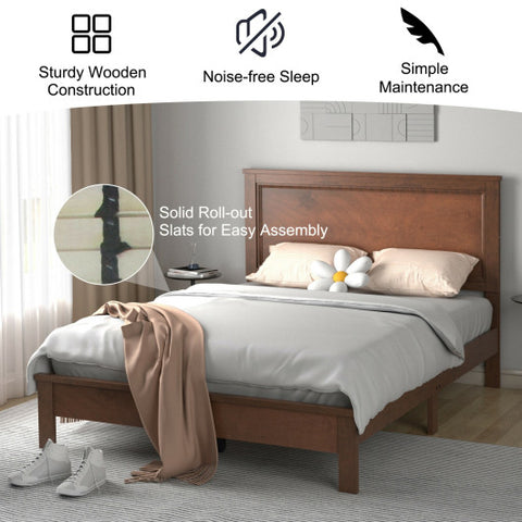 Queen Size Bed Frame Platform Slat High Headboard Bedroom with Rubber Wood Leg-Walnut