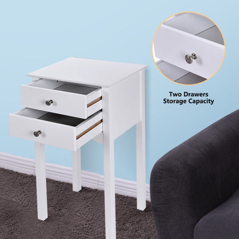 Side Table End Accent Table w/ 2 Drawers-White