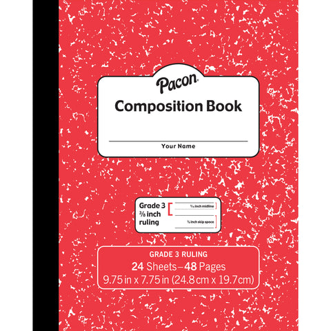 Composition Book, Grade 3, Red Marble, 3/8" x 3/16" x 3/16" Ruled, 9-3/4" x 7-3/4", 24 Sheets, Pack of 24