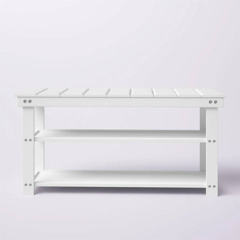 White Slatted Wood 2-Shelf Shoe Rack Storage Bench For Entryway or Closet