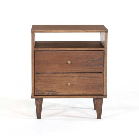 Farmhouse Rustic Walnut Mid Century 2 Drawer Nightstand