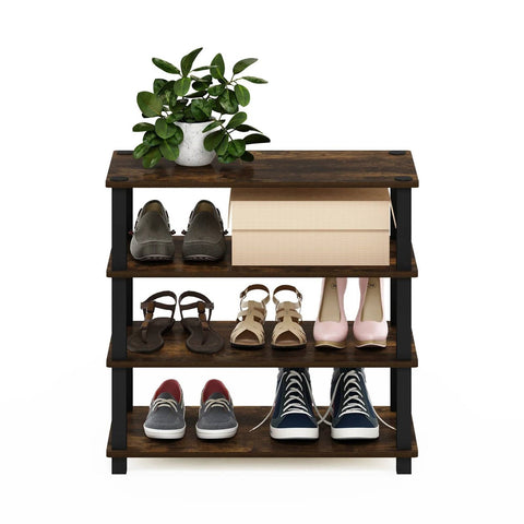 Stackable 4-Shelf Black Brown Wood Shoe Rack - Holds up to 12 Pair of Shoes