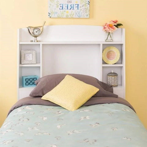 Twin size Bookcase Storage Headboard in White Wood Finish