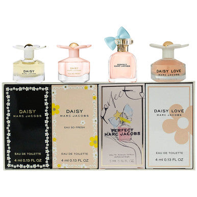 MARC JACOBS 4 PCS SET FOR WOMEN: PERFECT 0.16 EAU DE PARFUM + DAISY LOVE 0.13 EAU DE TOILETTE + DAISY EAU SO FRESH 0.13 EAU DE TOILETTE + DAISY 0.13 EAU DE TOILETTE (INDIVIDUALLY BOXED).