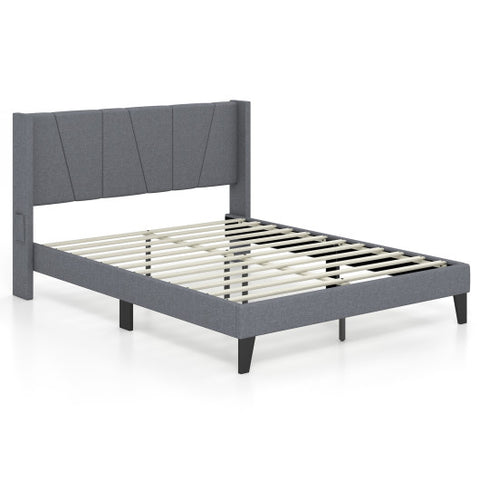 Full/Queen Size Bed Frame with Wingback Headboard and Wood Slat Support-Queen Size