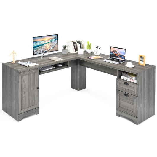 66 Inch L-Shaped Writing Study Workstation Computer Desk with Drawers-Gray