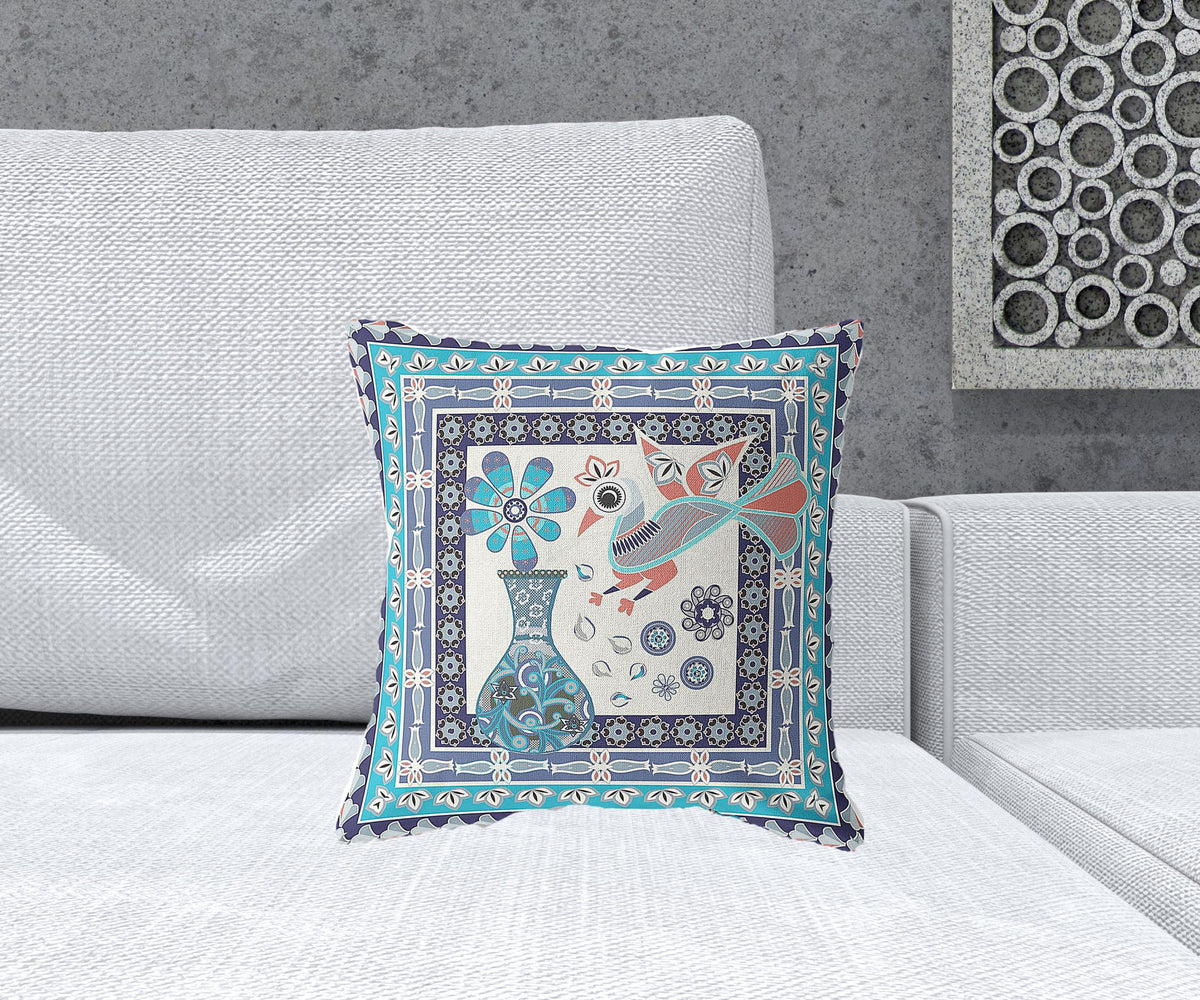 16" x 16" Blue and Off White Peacock Blown Seam Floral Indoor Outdoor Throw Pillow