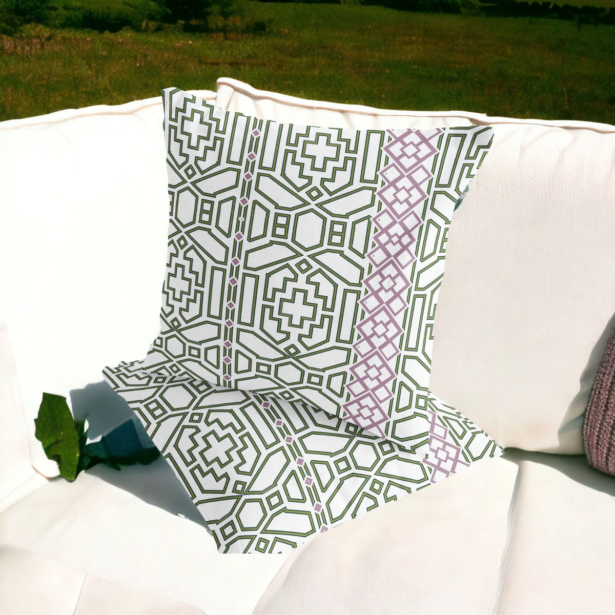 Set of Two 16" X 16" Green and White Blown Seam Geometric Indoor Outdoor Throw Pillow