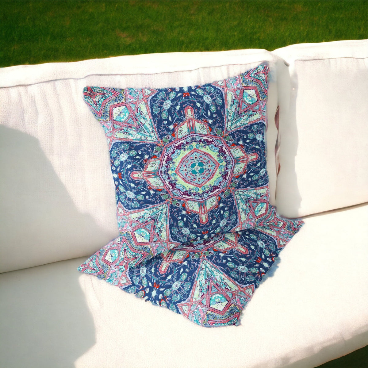 Set of Two 16" X 16" Blue and Pink Blown Seam Floral Indoor Outdoor Throw Pillow