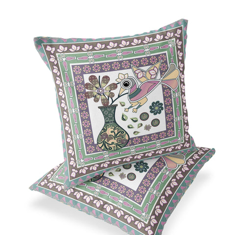 Set of Two 16" X 16" Pink and Brown Peacock Blown Seam Floral Indoor Outdoor Throw Pillow