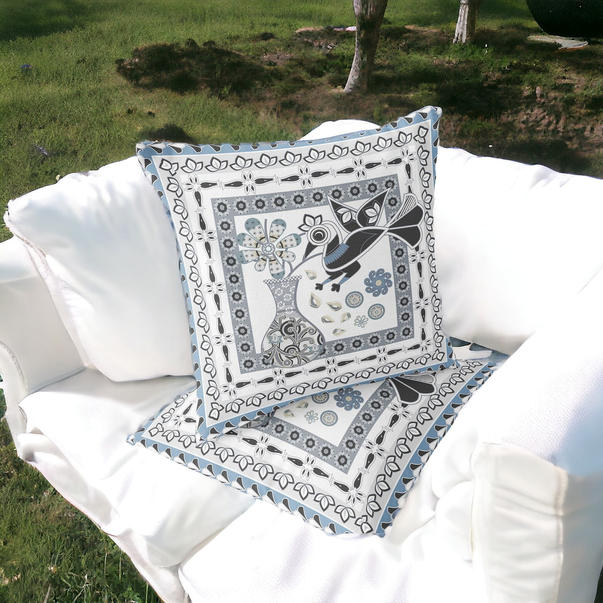 Set of Two 16" X 16" Black Gray and White Peacock Blown Seam Floral Indoor Outdoor Throw Pillow