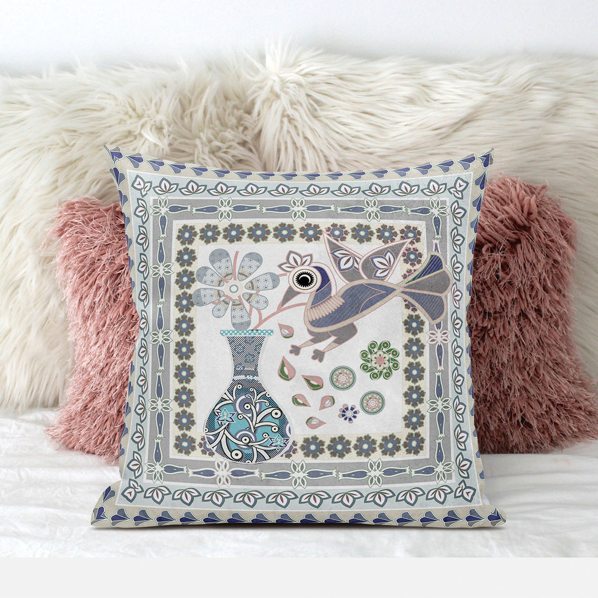 16" x 16" Gray Peacock Blown Seam Floral Indoor Outdoor Throw Pillow