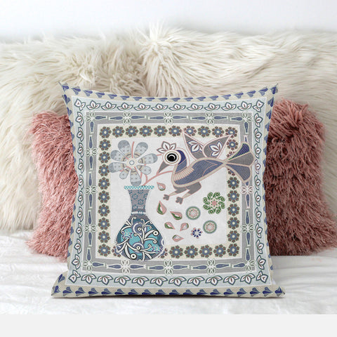 16" x 16" Gray Peacock Blown Seam Floral Indoor Outdoor Throw Pillow