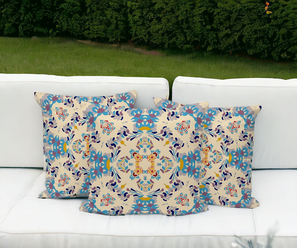 Set of Three 16" X 16" Blue and Off White Geometric Indoor Outdoor Throw Pillow