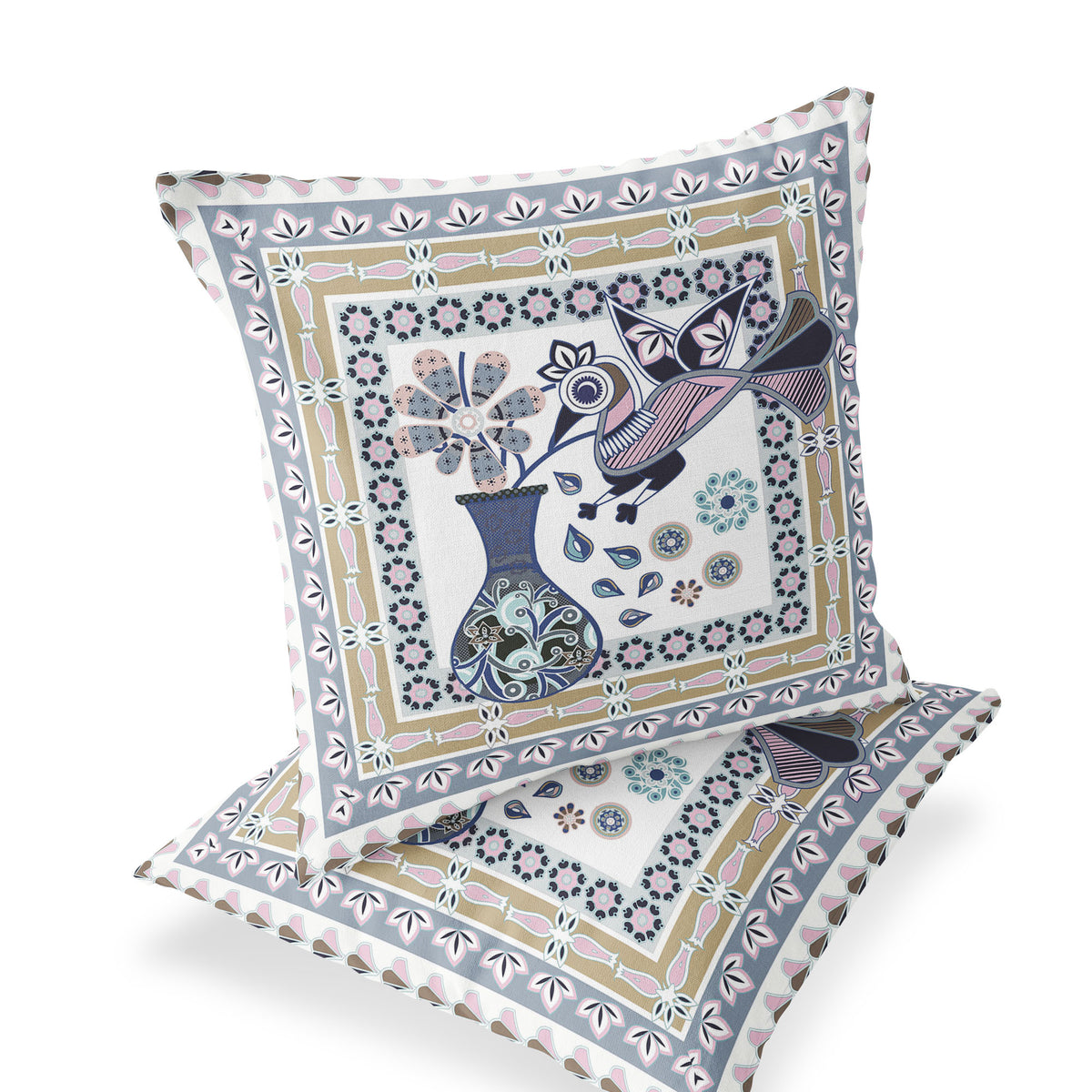 Set of Two 16" X 16" Beige and White Peacock Blown Seam Floral Indoor Outdoor Throw Pillow