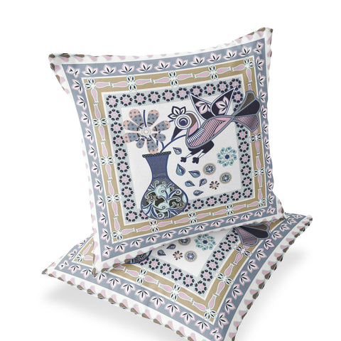 Set of Two 16" X 16" Beige and White Peacock Blown Seam Floral Indoor Outdoor Throw Pillow