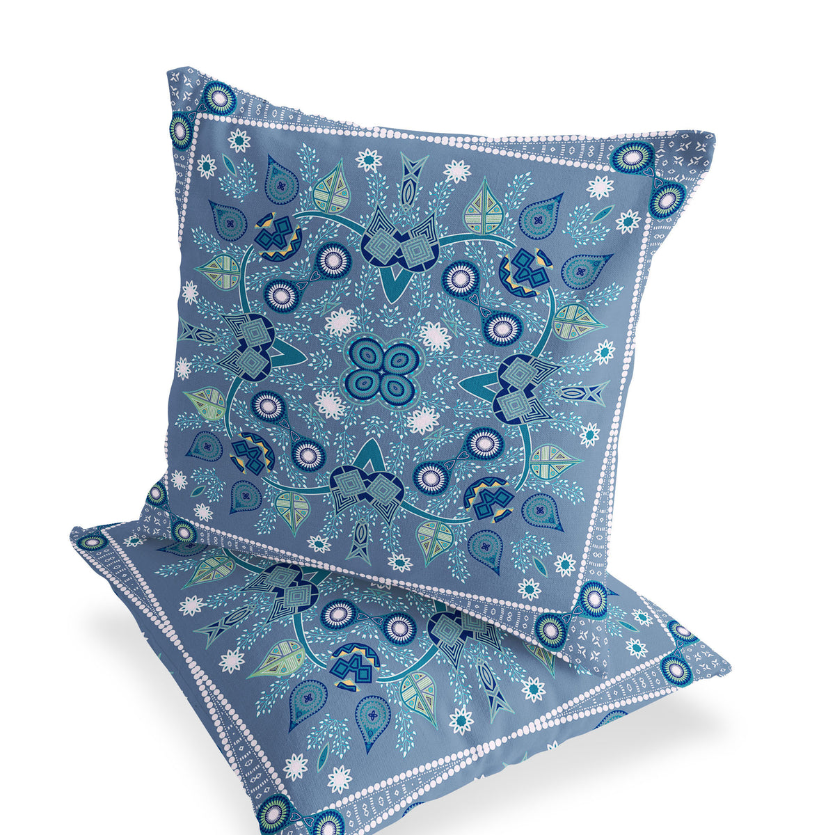 Set of Two 16" X 16" Blue and White Blown Seam Paisley Indoor Outdoor Throw Pillow