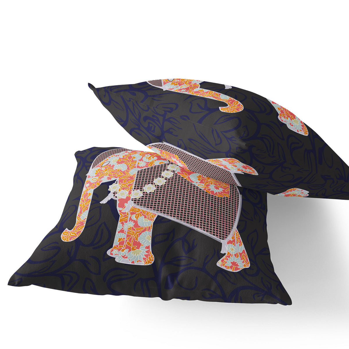 Set of Two 16" X 16" Blue and Green Elephant Blown Seam Floral Indoor Outdoor Throw Pillow