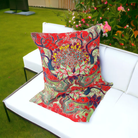 Set of Two 16" X 16" Green and Red Blown Seam Floral Indoor Outdoor Throw Pillow