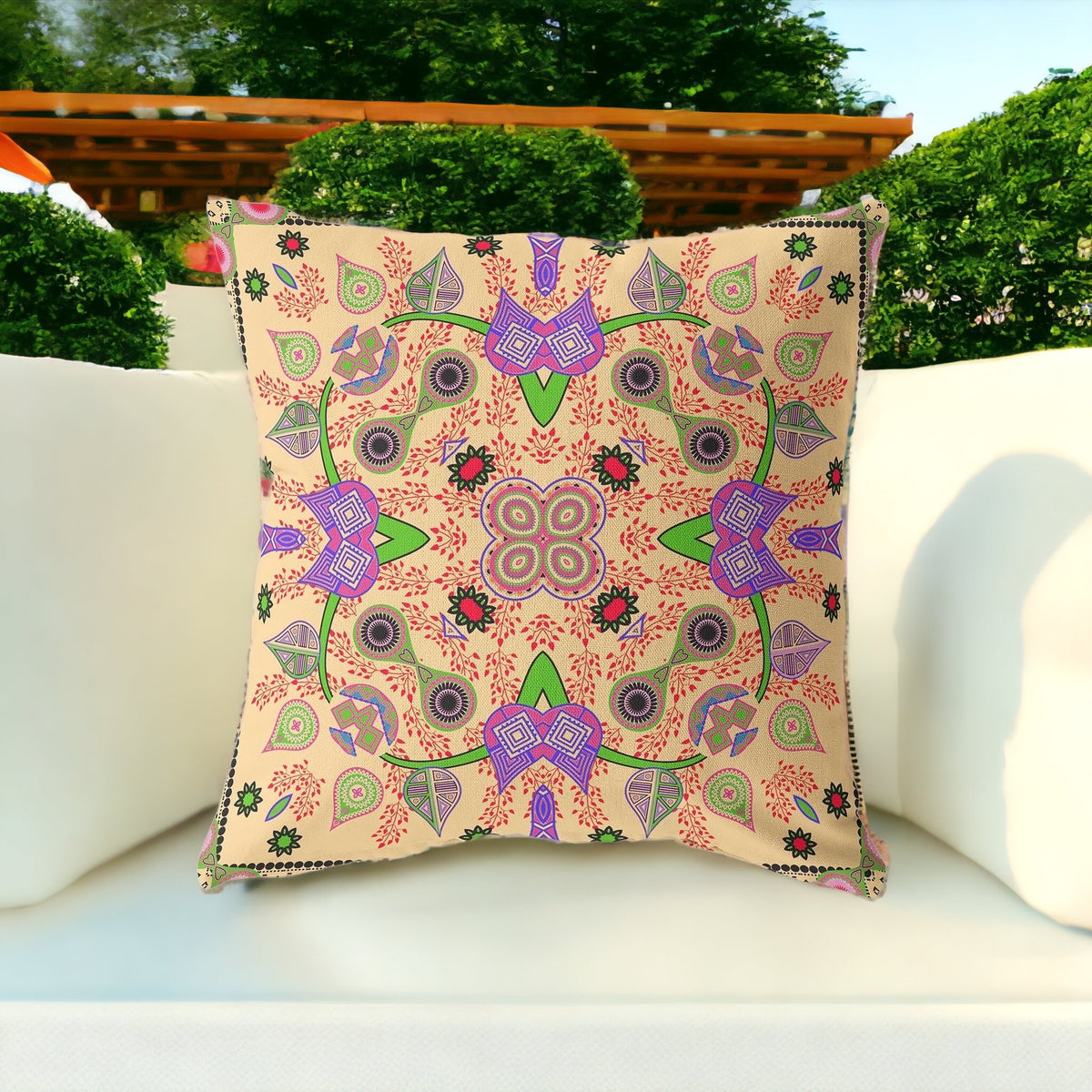 18" X 18" Beige and Green Blown Seam Paisley Indoor Outdoor Throw Pillow