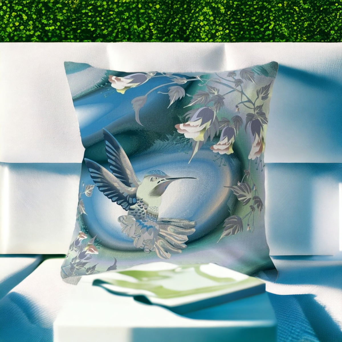 26" X 26" Blue and White Bird Blown Seam Floral Indoor Outdoor Throw Pillow