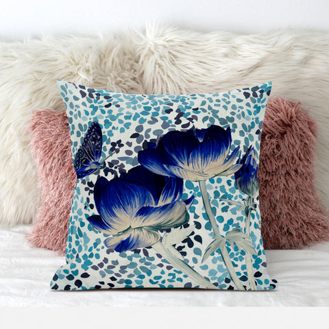 18" x 18" Blue and White Butterfly Blown Seam Floral Indoor Outdoor Throw Pillow