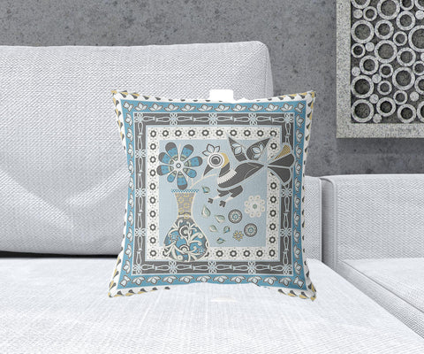 18" x 18" Blue and White Peacock Blown Seam Floral Indoor Outdoor Throw Pillow