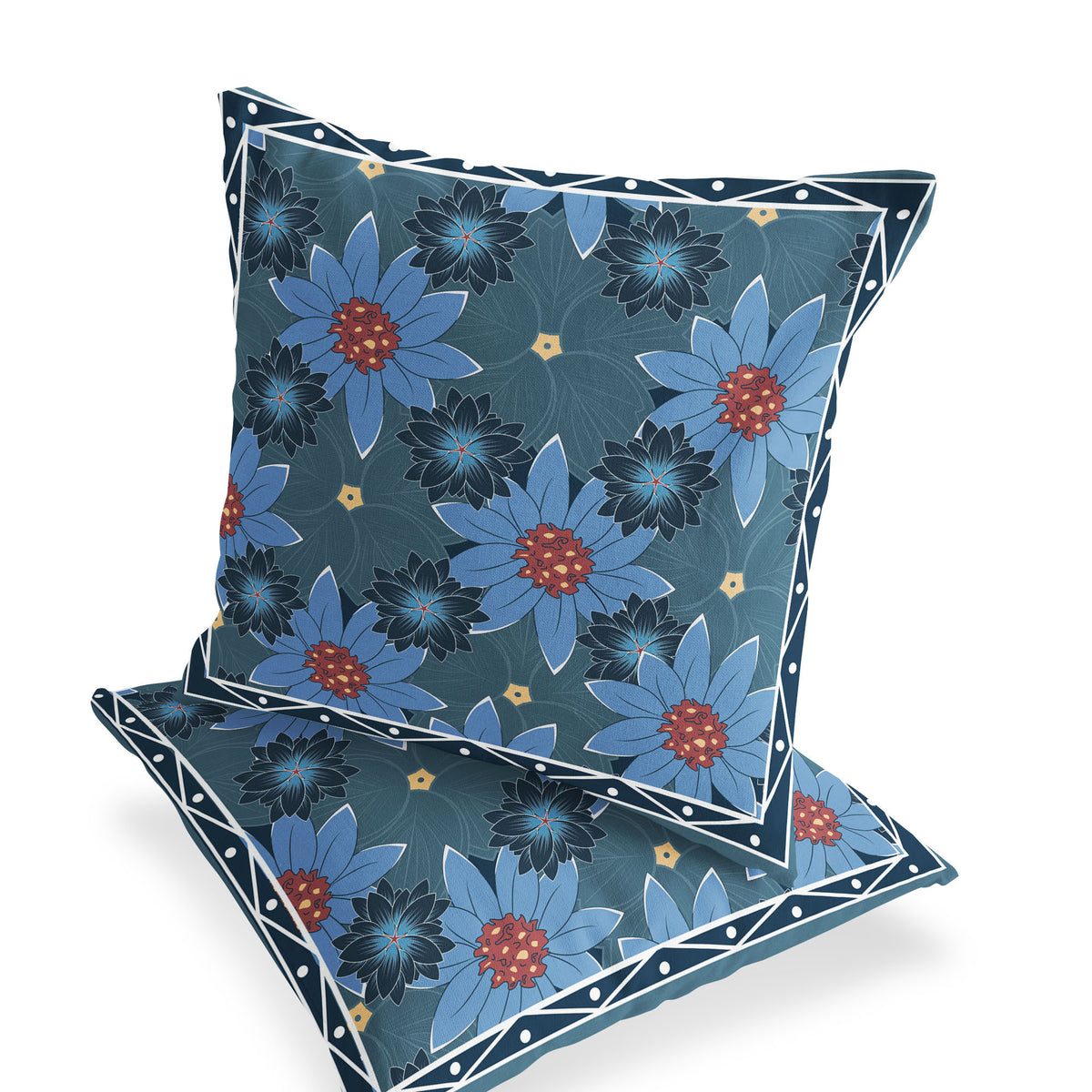 Set of Two 16" X 16" Blue and Yellow Botanical Indoor Outdoor Throw Pillow