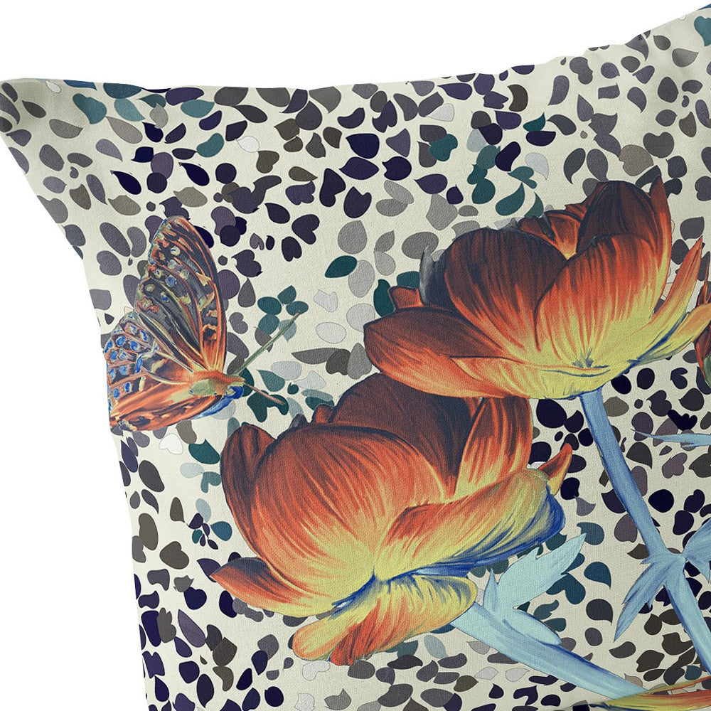 Set of Two 16" X 16" Blue and Orange Butterfly Blown Seam Floral Indoor Outdoor Throw Pillow