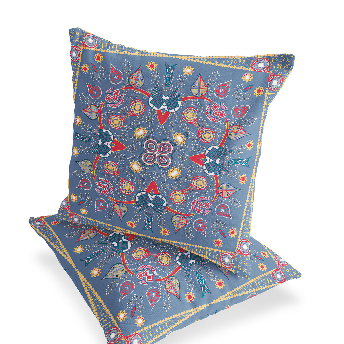 Set of Two 16" X 16" Blue and Purple Blown Seam Paisley Indoor Outdoor Throw Pillow