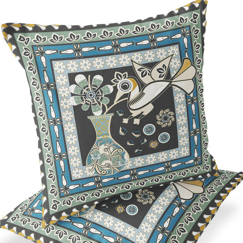 Set of Two 16" X 16" Black and Blue Peacock Blown Seam Floral Indoor Outdoor Throw Pillow